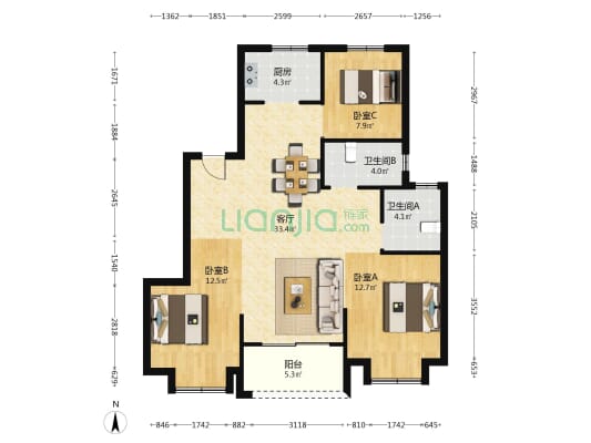 融望园 3室1厅2卫 107平方
