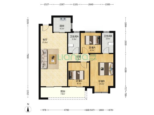 中国铁建御湖 3室1厅2卫 105平方