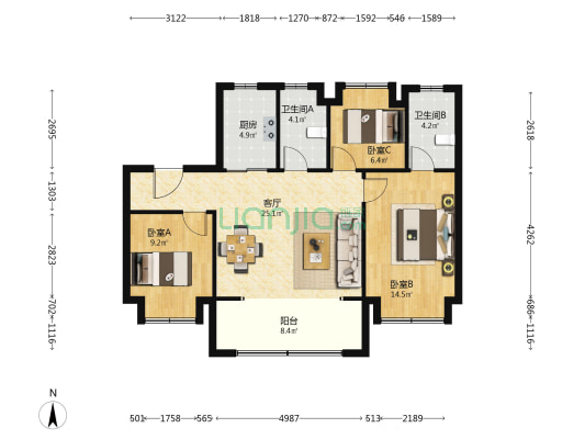 龙信·虹桥御澜 3室1厅2卫 102平方