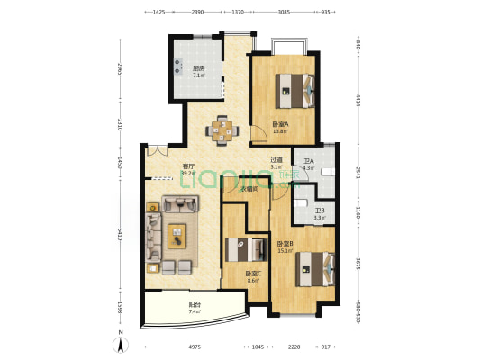 东方花园（吴江） 3室1厅2卫 127平方