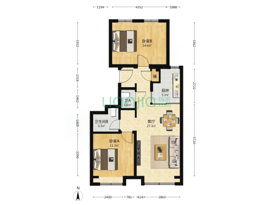 橡树湾一期西区 2室1厅2卫 96平方