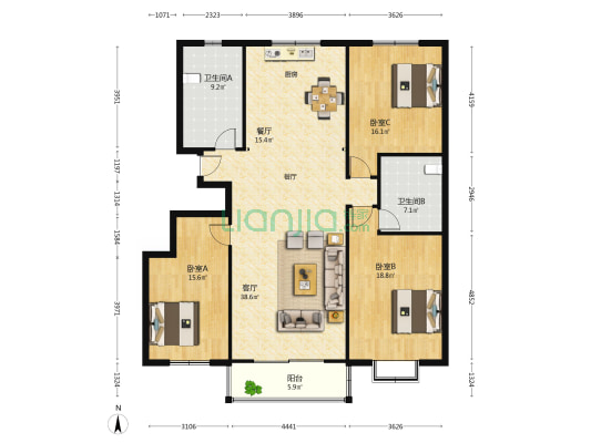 尚书苑 3室2厅2卫 162平方