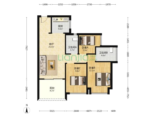 君胜熙玥湾 3室1厅2卫 88平方