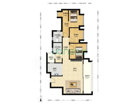 海成云沐 3室1厅2卫 86平方