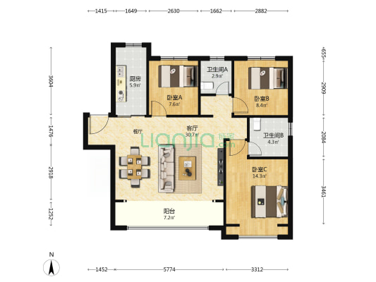 绿地智创金融城 3室1厅2卫 114平方