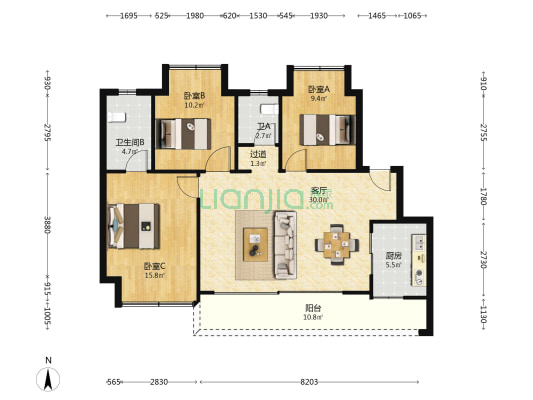 中粮保利天玺壹号一期悦溪 3室1厅2卫 102平方