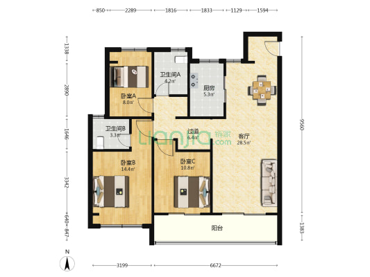 保利和光晨樾 3室1厅2卫 117平方