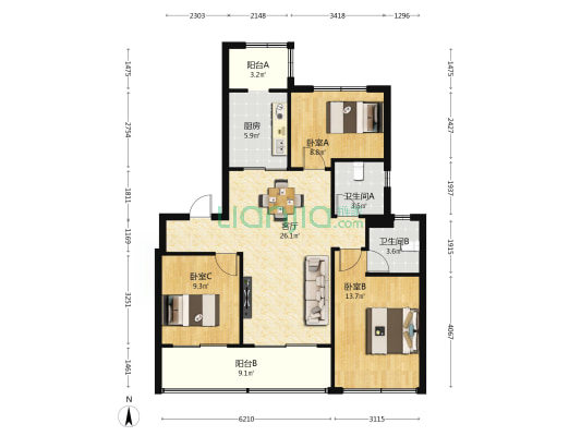 中海 独墅云著 3室1厅2卫 110平方