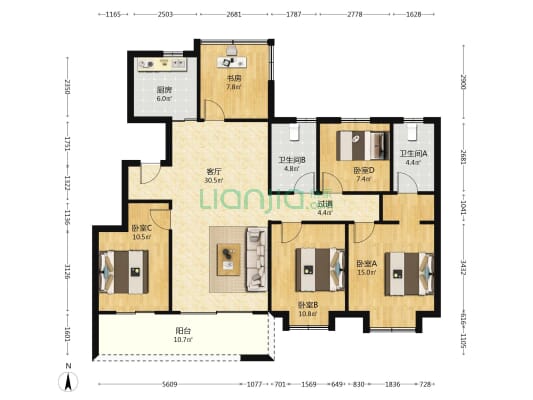 中南悦府南区 5室1厅2卫 131平方