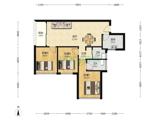鸿荣源·壹成中心十区 3室1厅2卫 84平方
