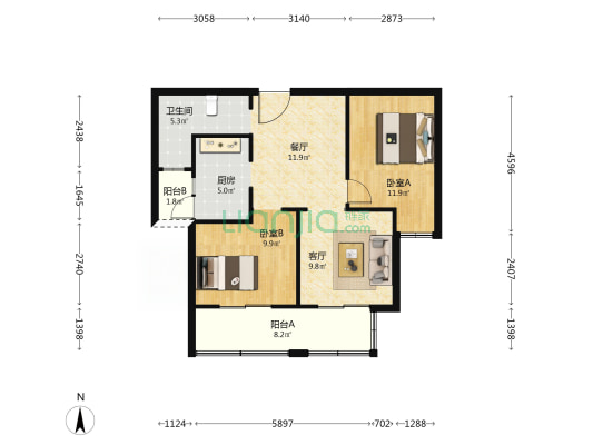 祥怡庭 2室2厅1卫 90平方