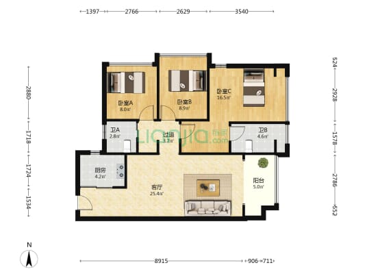 合景同创广场 3室1厅2卫 97平方