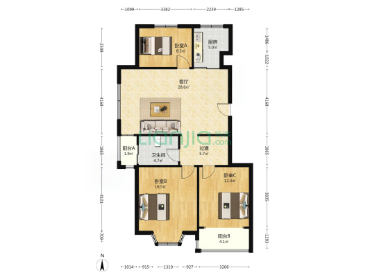 香海府第 3室1厅1卫 109平方