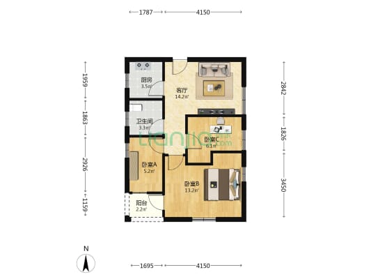 怡景花园-荷花村 3室1厅1卫 61平方