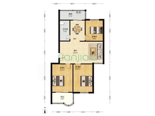 杜岭街58号院 3室1厅1卫 104平方