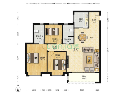 中粮·天悦 3室1厅2卫 129平方