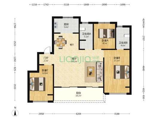 盛世城邦翰园 3室1厅2卫 126平方