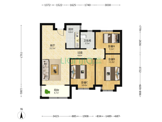 加州东部世界城香榭名郡 3室1厅1卫 100平方