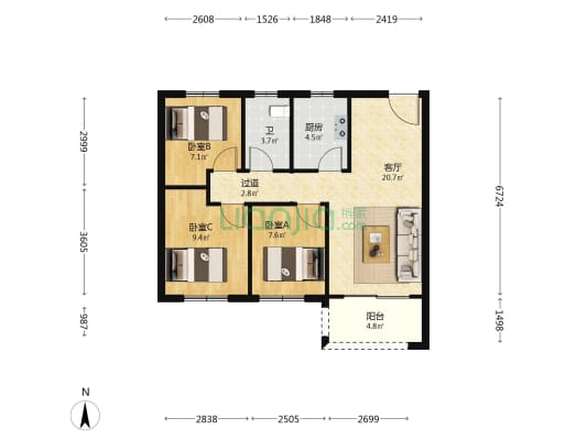 清辉东苑 3室1厅1卫 88平方
