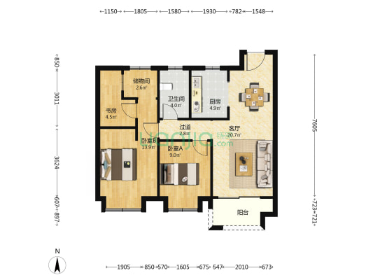 信创上坤望湖四季 3室1厅1卫 86平方