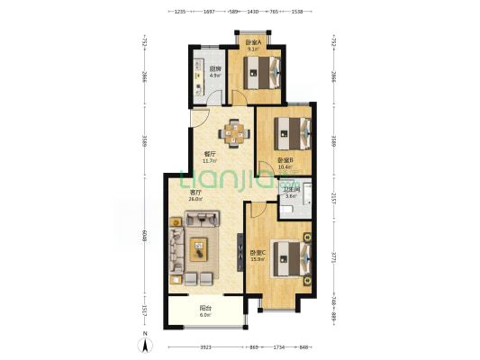 蓝田新城·A区 3室2厅1卫 109平方