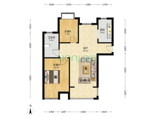 尹山吉熙苑 2室1厅1卫 98平方