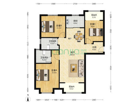 香江龙湾西苑 3室1厅2卫 121平方