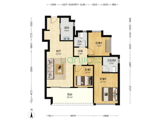 润曦府 3室1厅2卫 89平方