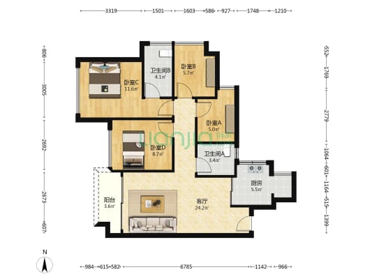 天汇时代花园二期 4室1厅2卫 88平方