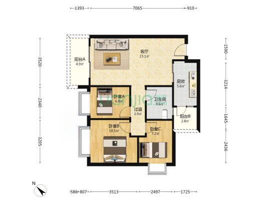 恒大云湖上郡御龙台四组团(7.3) 3室1厅1卫 87平方