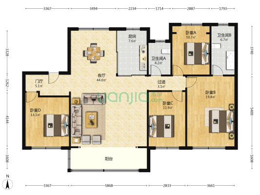 中海阅川华庭 4室1厅2卫 166平方