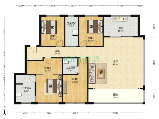 鑫都森林山 4室1厅3卫 180平方