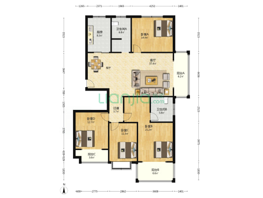 中舜鲁中国际 4室1厅2卫 184平方
