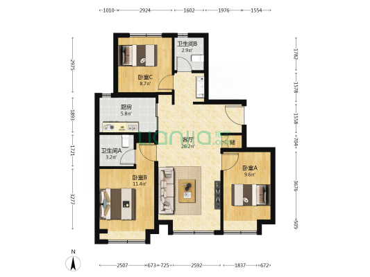 橡树湾一期东区 3室1厅2卫 108平方