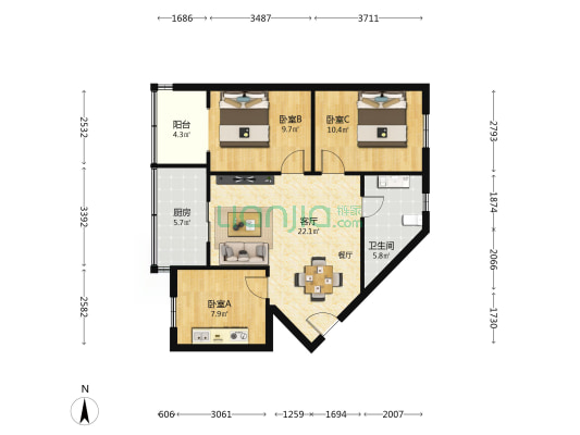 张家庄小区 3室1厅1卫 75平方