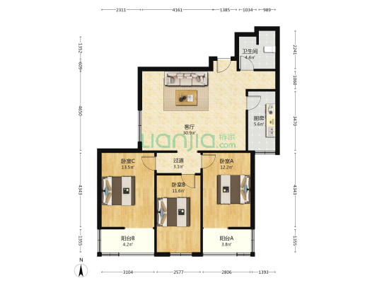 紫晶大厦 3室1厅1卫 116平方