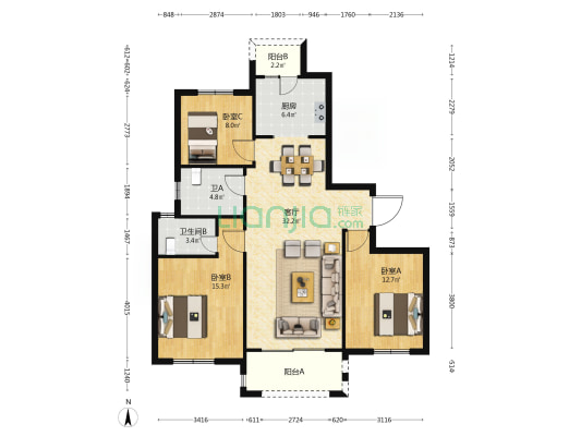 藕渠家园 3室1厅2卫 128平方