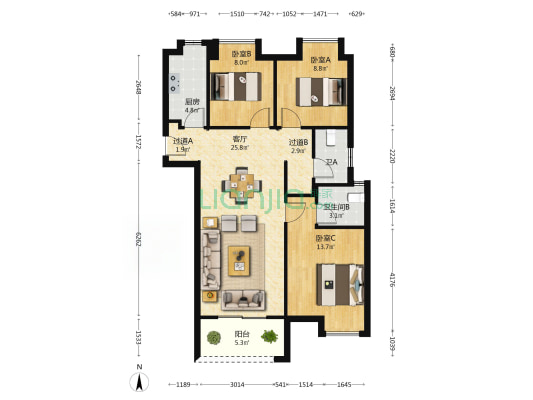 绿地城协子河畔C 3室1厅2卫 107平方