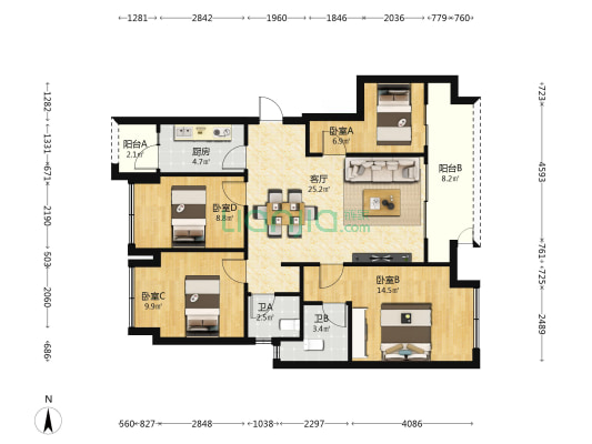 领琇长江C区 4室1厅2卫 99平方