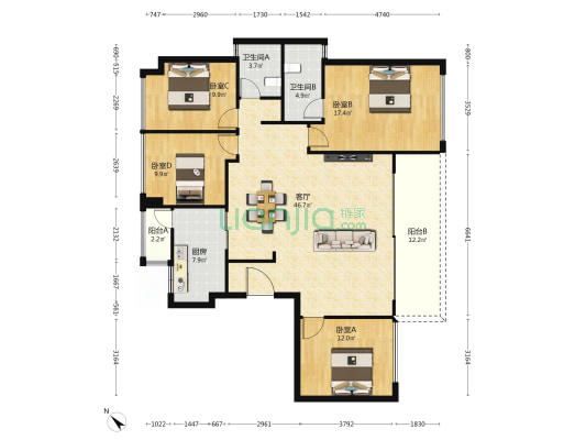 禹洲晏山河 4室1厅2卫 155平方