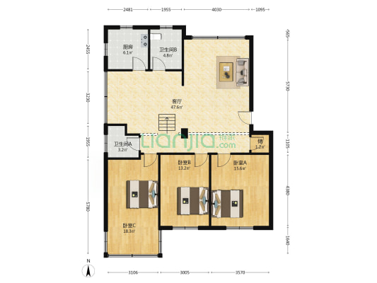 检东苑小区 3室1厅2卫 132平方