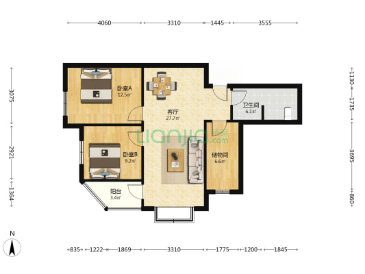 西荷花园 2室1厅1卫 89平方
