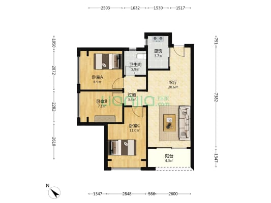 新城燕澜和鸣花园 3室1厅1卫 78平方