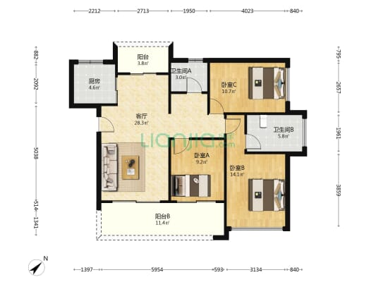 招商嵘玺家园 3室1厅2卫 120平方