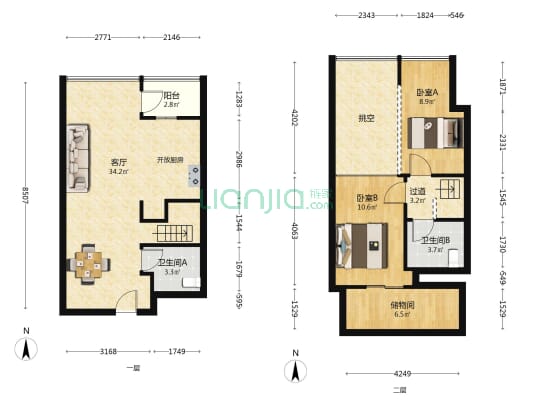 恒大天璟大厦 2室1厅2卫 68平方