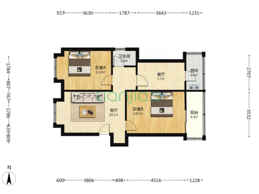 王爷石堡社区 2室2厅1卫 78平方
