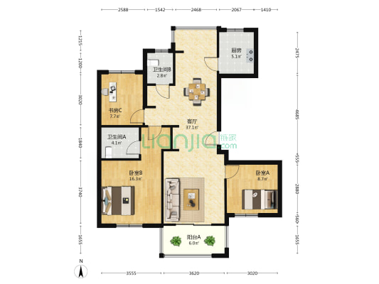 翁梅新苑三区 3室1厅2卫 122平方