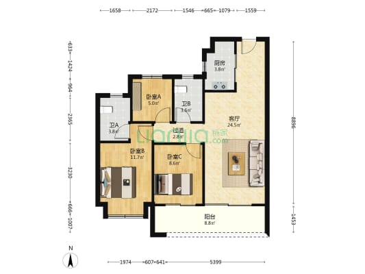 中海富华里 3室1厅2卫 98平方