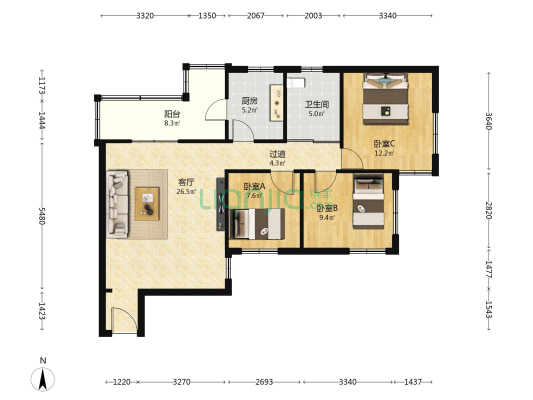 三号院中区 3室1厅1卫 106平方