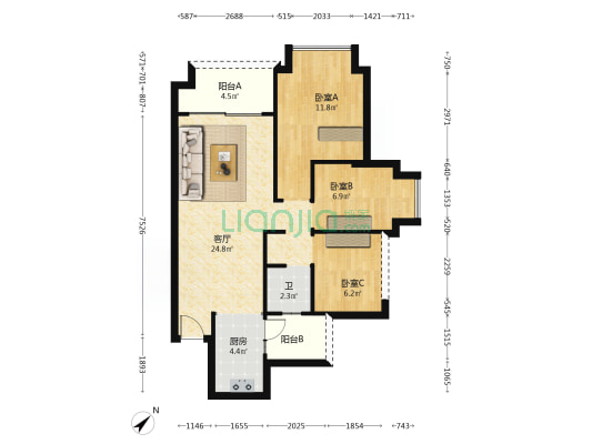 悦品臻尚轩 3室1厅1卫 80平方